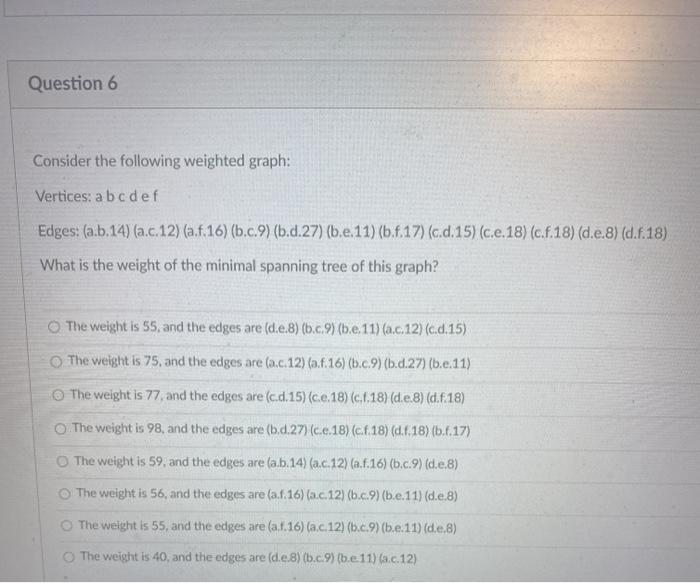 Solved Question 6 Consider the following weighted graph: | Chegg.com