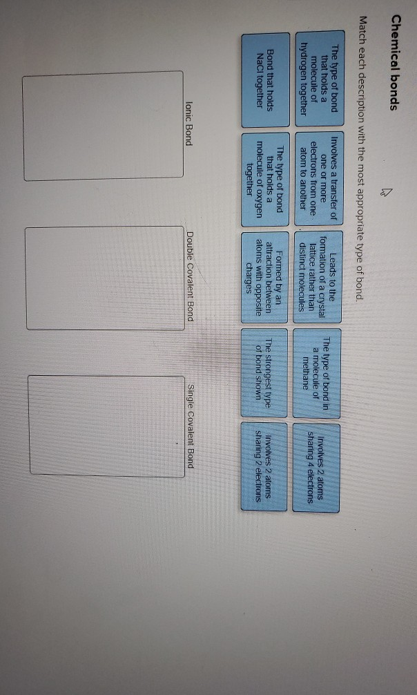 Solved Chemical bonds Match each description with the most | Chegg.com