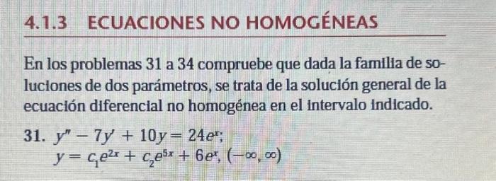 En los problemas 31 a 34 compruebe que dada la familia de soluclones de dos parámetros, se trata de la solución general de la