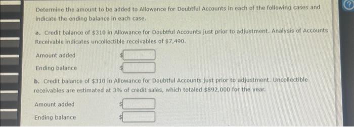 [Solved]: Determine the amount to be added to Allowance for