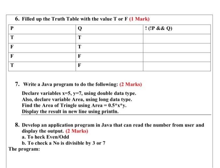 Solved 6. Filled up the Truth Table with the value T or F ( | Chegg.com