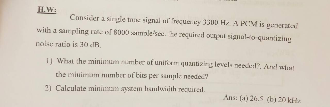 Solved H.W: Consider a single tone signal of frequency 3300 | Chegg.com