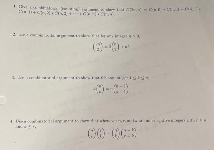 Solved 1. Give A Combinatorial (counting) Argument To Show | Chegg.com