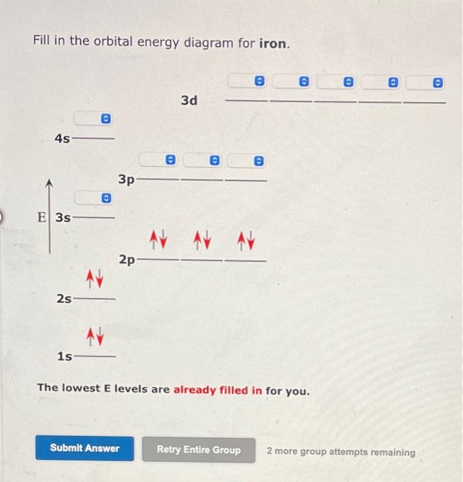 Fill in the orbital energy diagram for iron.
The lowest E levels are already filled in for you.