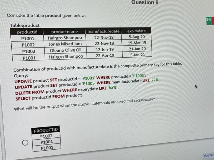 Solved Question 6 Consider the table product given below: 2% | Chegg.com