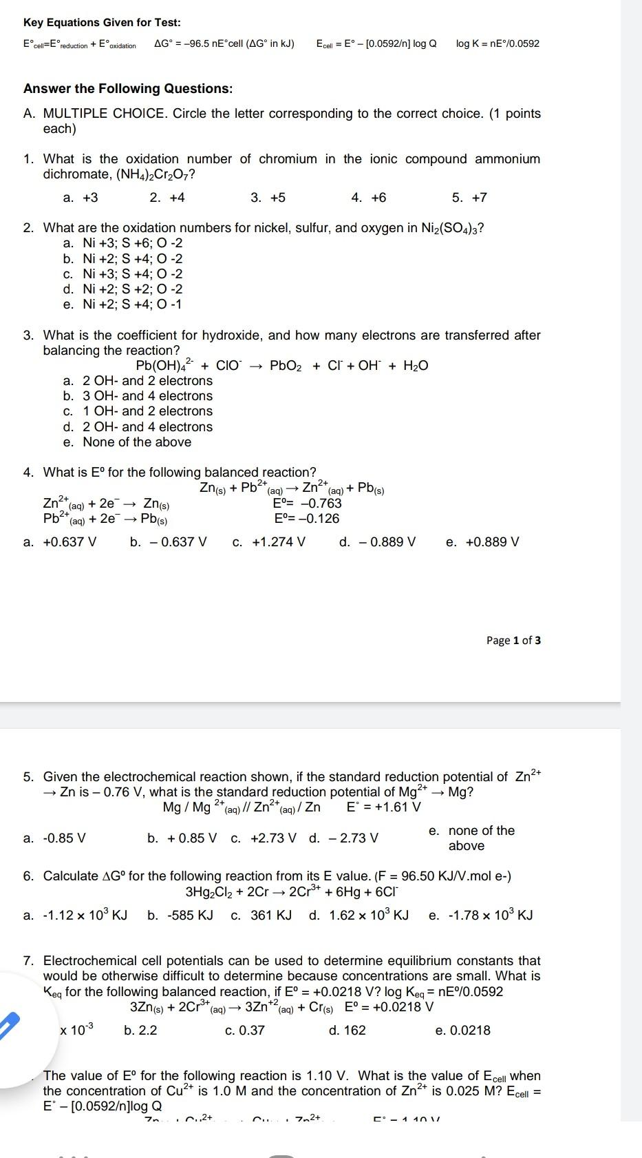 Key Equations Given For Test Eºcel Ereduction E Chegg Com