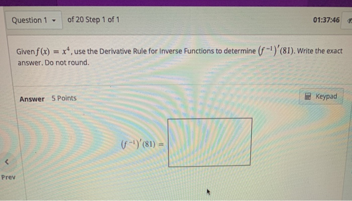 Solved Question 1 of 20 Step 1 of 1 01:37:46 Given f(x) = | Chegg.com