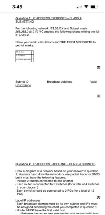 Solved 3:45 Question 1: IP ADDRESS EXERCISES - CLASS A | Chegg.com