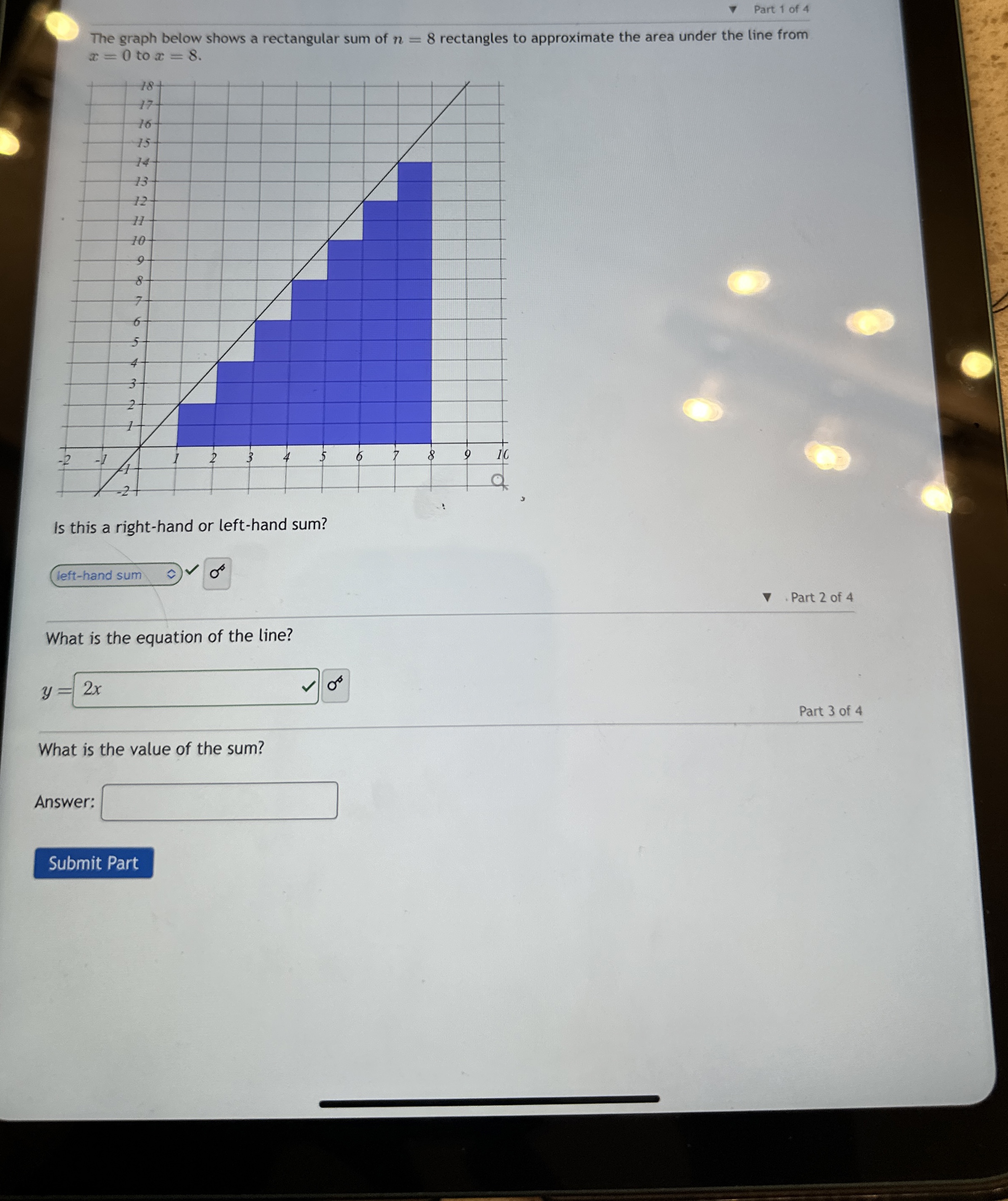 Solved Part 1 ﻿of 4The graph below shows a rectangular sum | Chegg.com