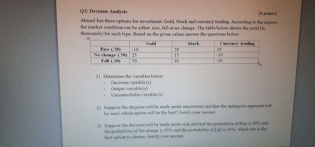 Solved Q2 Decision Analysis 16 Points Ahmad Has Three O Chegg Com