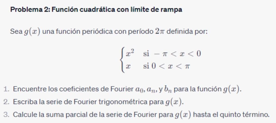 Problema 2: Función cuadrática con límite de rampa Sea \( g(x) \) una función periódica con período \( 2 \pi \) definida por