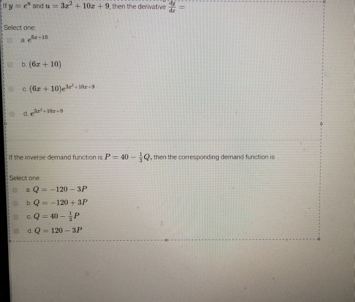 Solved Ify E And U 3x2 10x 9 Then The Derivative S Chegg Com