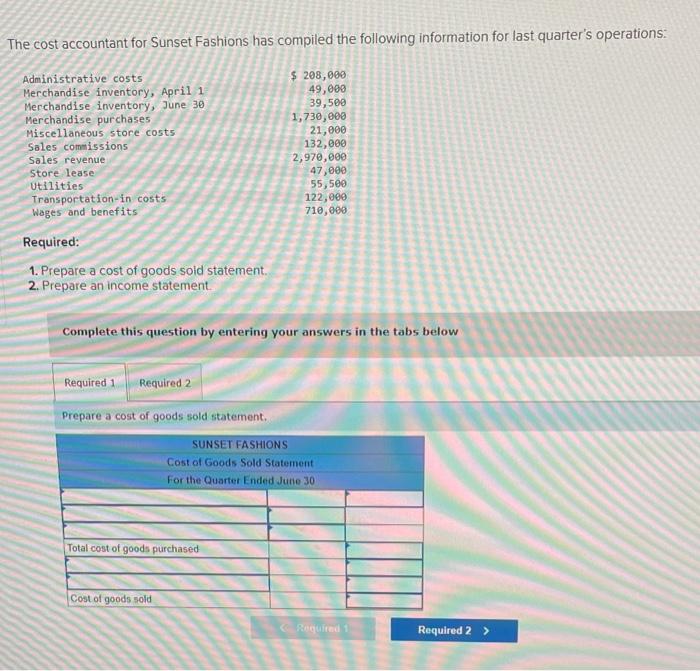 Solved The cost accountant for Sunset Fashions has compiled | Chegg.com