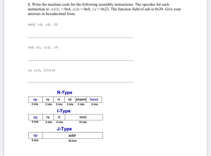 Solved 1. Write the machine code for the following assembly | Chegg.com