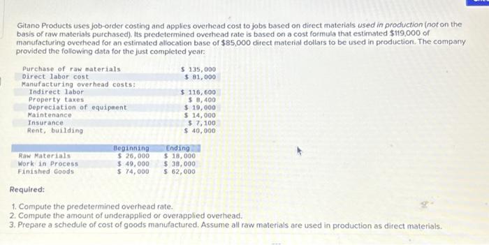 Solved Gitano Products uses job-order costing and applies | Chegg.com