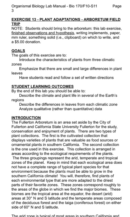 Solved Organismal Biology Lab Manual - Bio 170/F10-S11 3 | Chegg.com