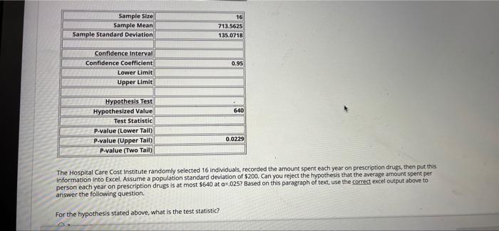 The Hospital Care Cost institute randomly selected 16 individuals, recorded the amount spent each year on prescription drugs,