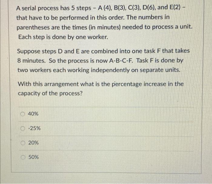 Solved A serial process has 5 steps - A(4), B(3), C(3), | Chegg.com