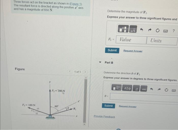 Solved Three Forces Act On The Bracket As Shown In Eigure