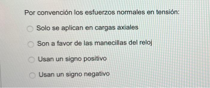Por convención los esfuerzos normales en tensión: Solo se aplican en cargas axiales Son a favor de las manecillas del reloj U