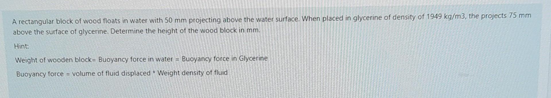 Solved A rectangular block of wood floats in water with 50 | Chegg.com