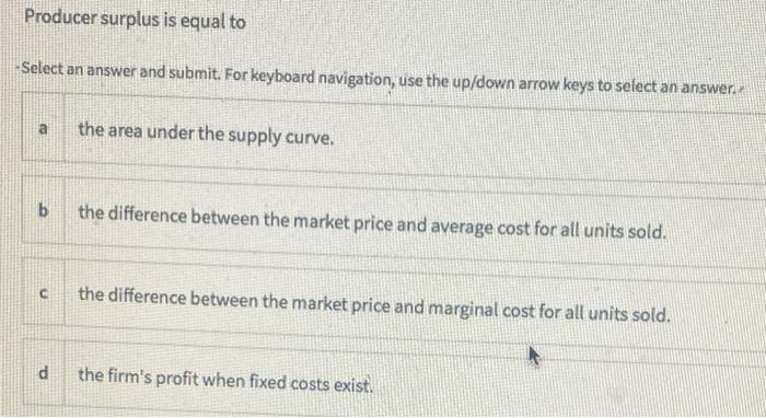 Solved Producer surplus is equal to -Select an answer and | Chegg.com