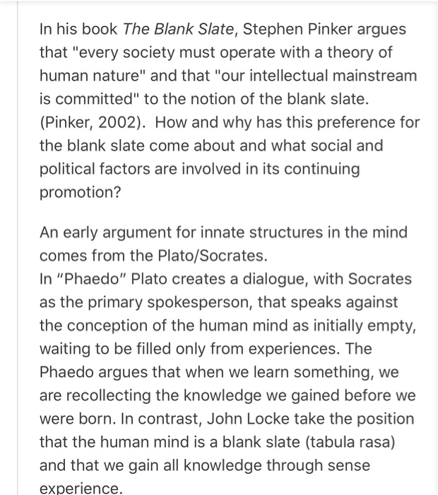 Solved In his book The Blank Slate, Stephen Pinker argues