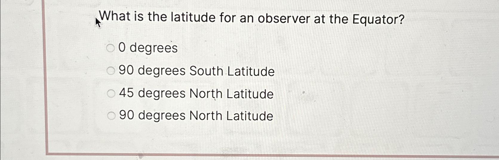 Solved What is the latitude for an observer at the Equator?0 | Chegg.com