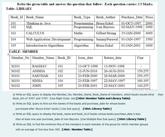 Solved Refer the given table and answer the question that | Chegg.com