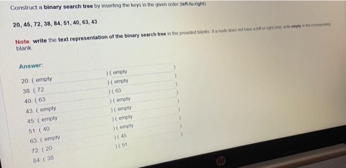 Solved Construct a binary search tree by inserting the keys | Chegg.com