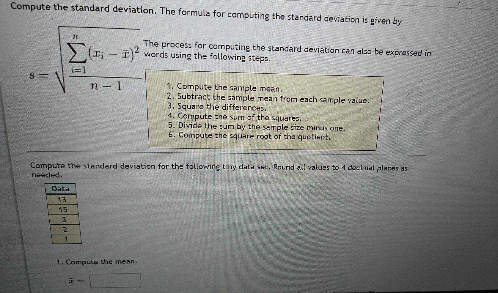 Solved Compute the standard deviation. The formula for | Chegg.com