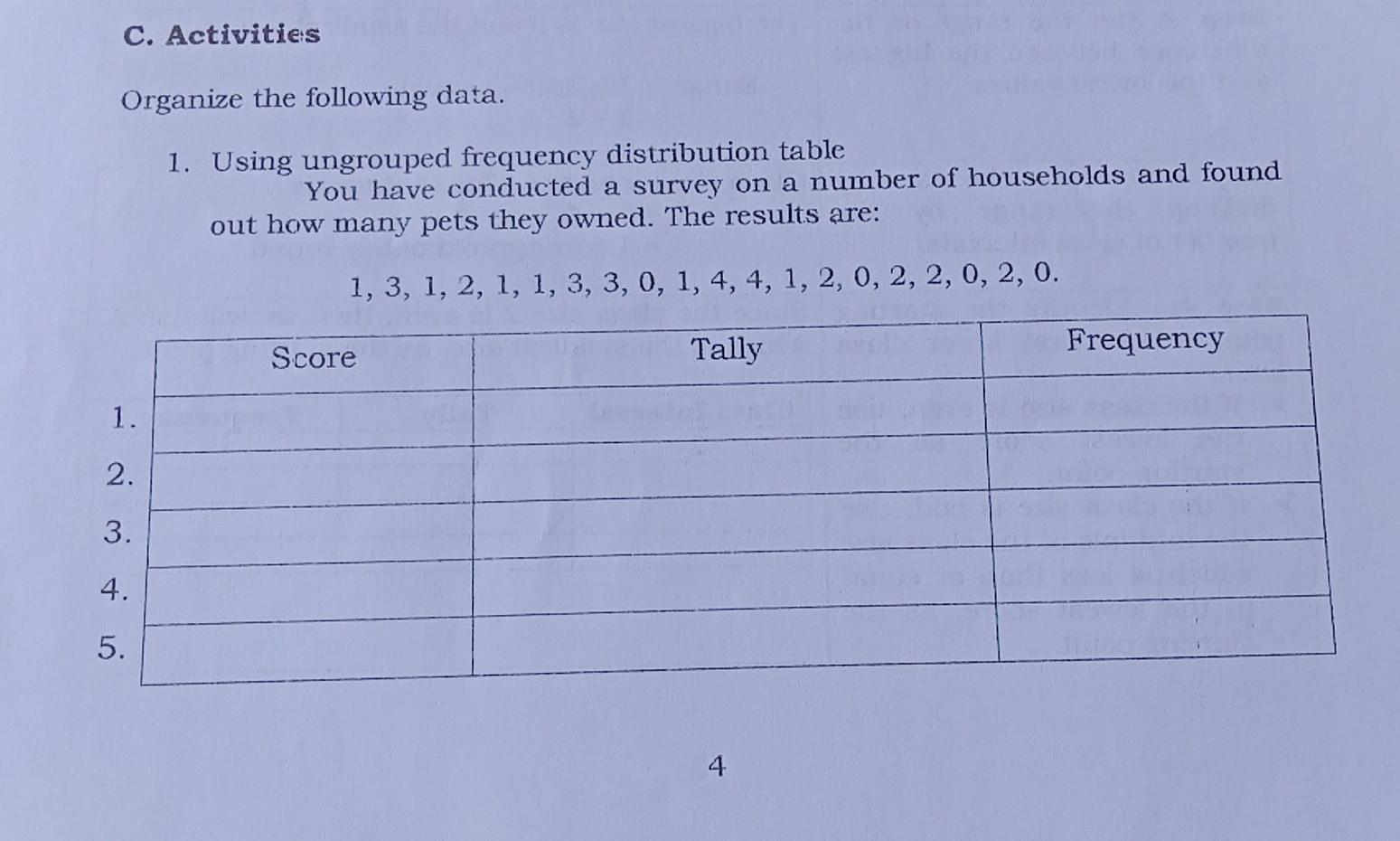 Solved C. Activities Organize the following data. 1. Using | Chegg.com