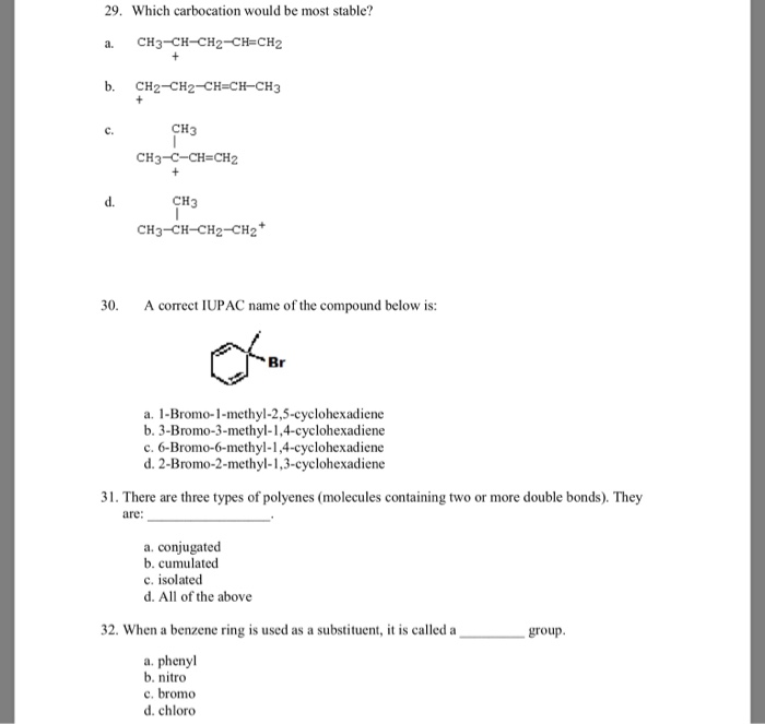 Solved 29. Which carbocation would be most stable? a. | Chegg.com