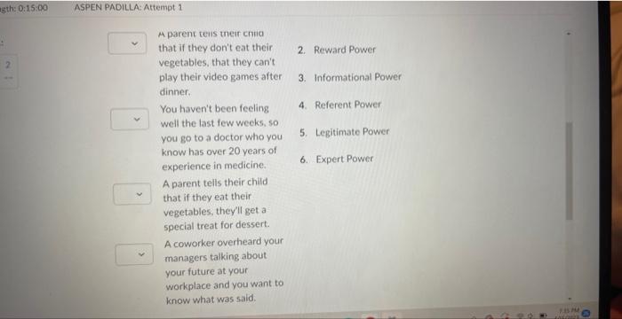 Match the following examples with the type of power | Chegg.com