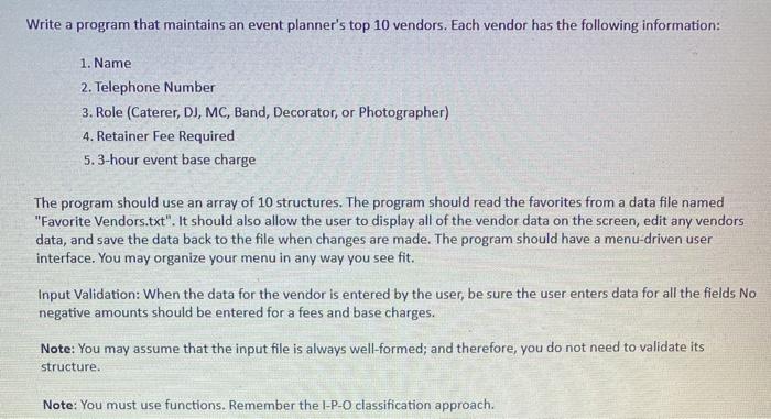 Solved Write a program that maintains an event planner's top | Chegg.com