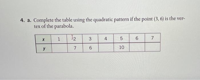 Solved 4. a. Complete the table using the quadratic pattern | Chegg.com