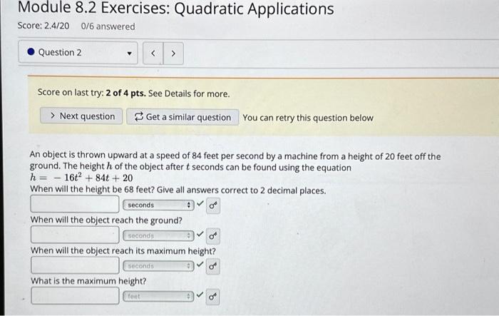 Solved Module 8.2 Exercises: Quadratic Applications Score: | Chegg.com
