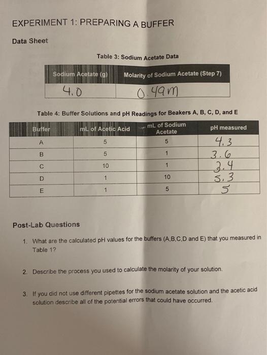 EXPERIMENT 1 PREPARING A BUFFER Data Sheet Table 3