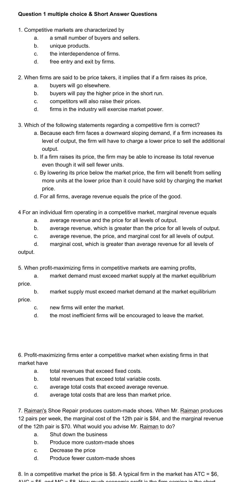 Solved Question 1 multiple choice \& Short Answer Questions | Chegg.com