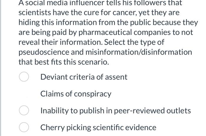 Solved A social media influencer tells his followers that | Chegg.com