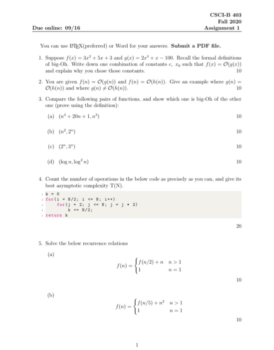 Csci B 403 Fall Assignment 1 Due Online 09 1 Chegg Com