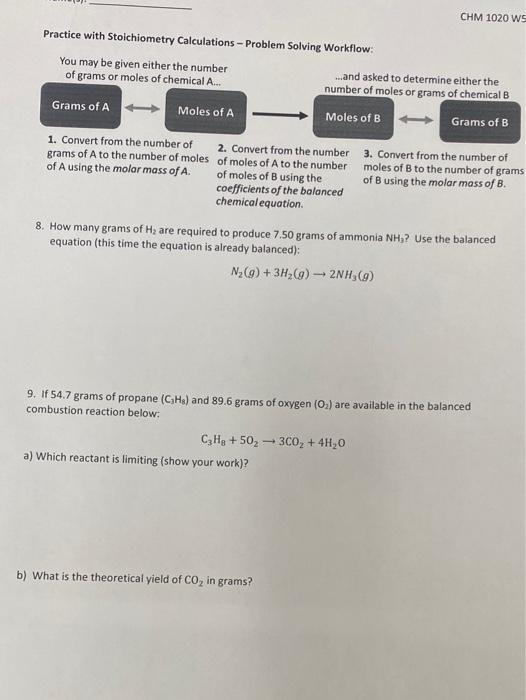 Solved CHM 1020 W Practice with Stoichiometry Calculations - | Chegg.com