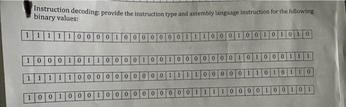 Instruction decoding: provide the instruction type and assembly language instruction for the following binary values: