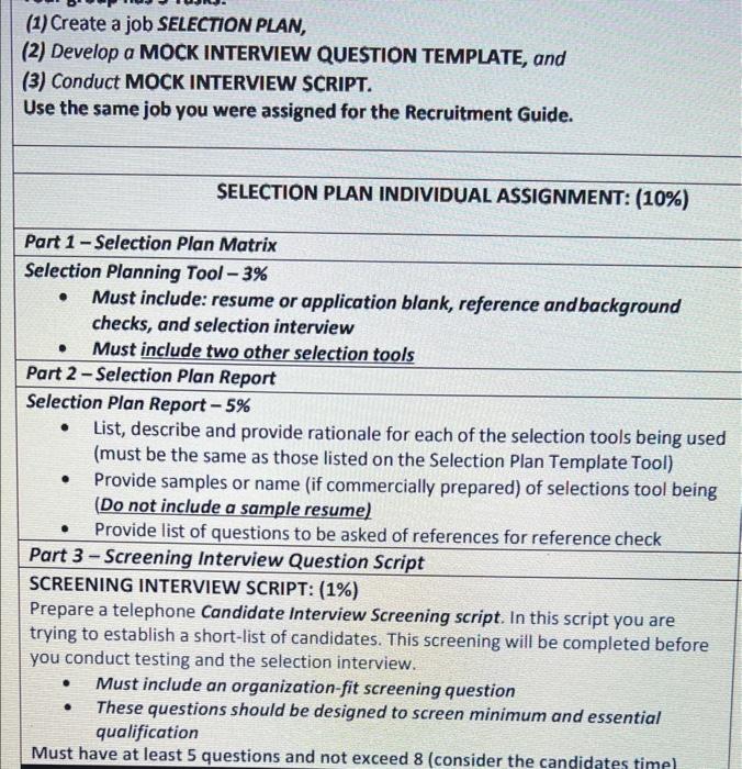 1) Create a job SELECTION PLAN, (2) Develop a MOCK | Chegg.com
