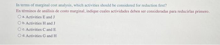 In terms of marginal cost analysis, which activities should be considered for reduction first? En términos de análisis de cos