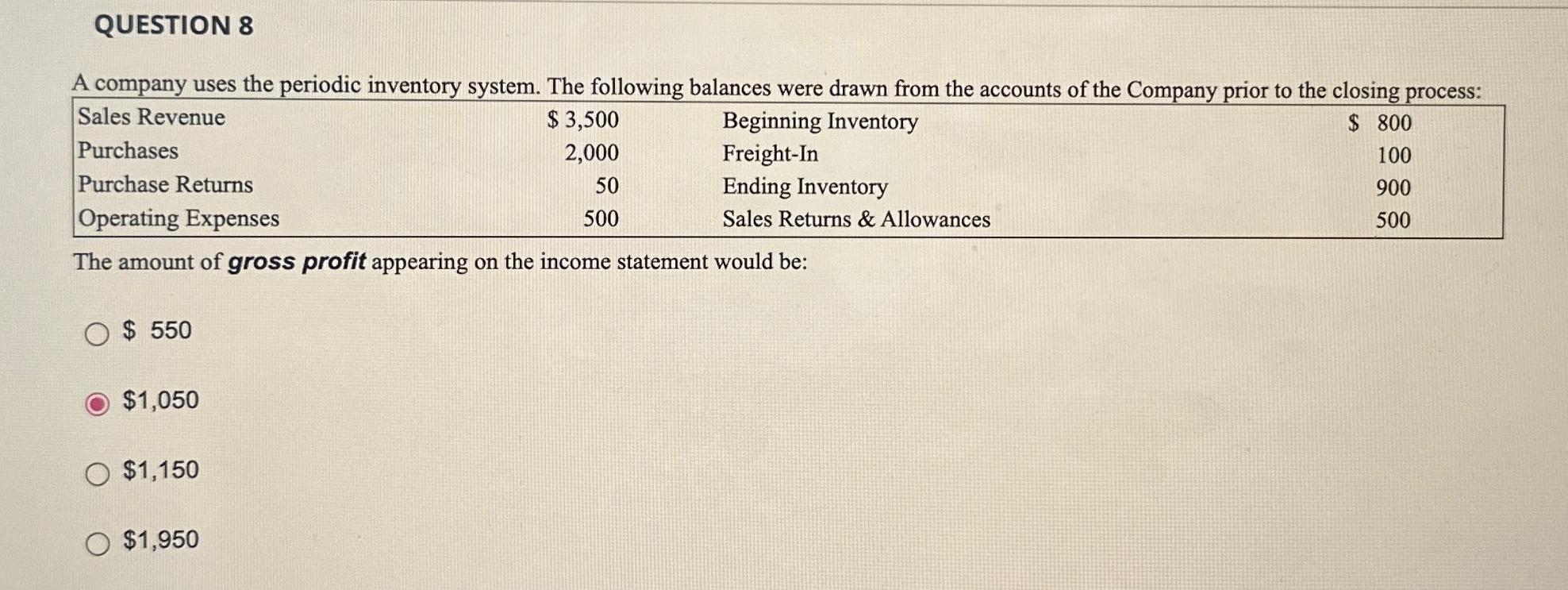 Solved QUESTION 8A company uses the periodic inventory | Chegg.com