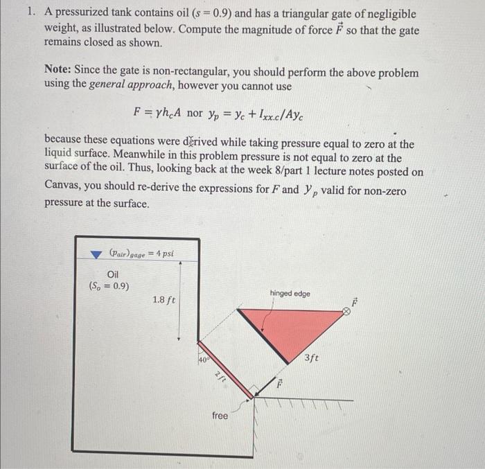 A pressurized tank contains oil \( (s=0.9) \) and has a triangular gate of negligible weight, as illustrated below. Compute t