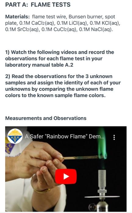 Solved PART A: FLAME TESTS Materials: flame test wire, | Chegg.com