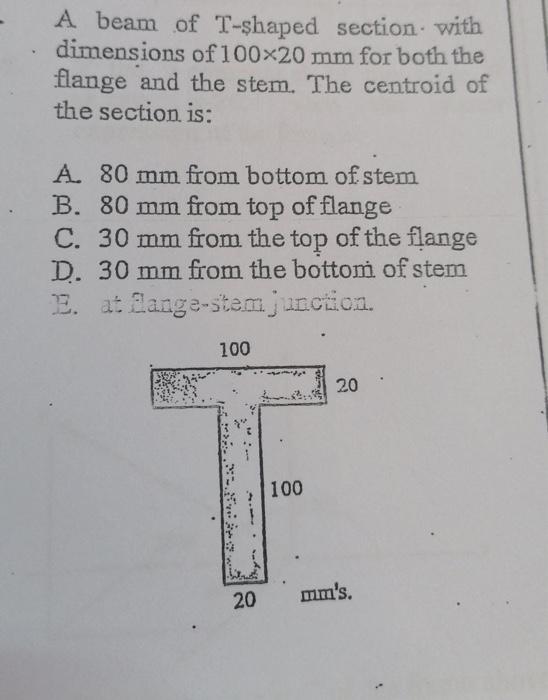 A beam of \( \mathrm{T} \)-shaped section with dimensions of \( 100 \times 20 \mathrm{~mm} \) for both the flange and the ste