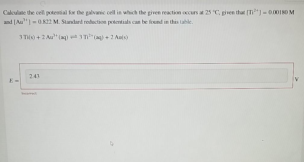 Solved Calculate the cell potential for the galvanic cell in | Chegg.com